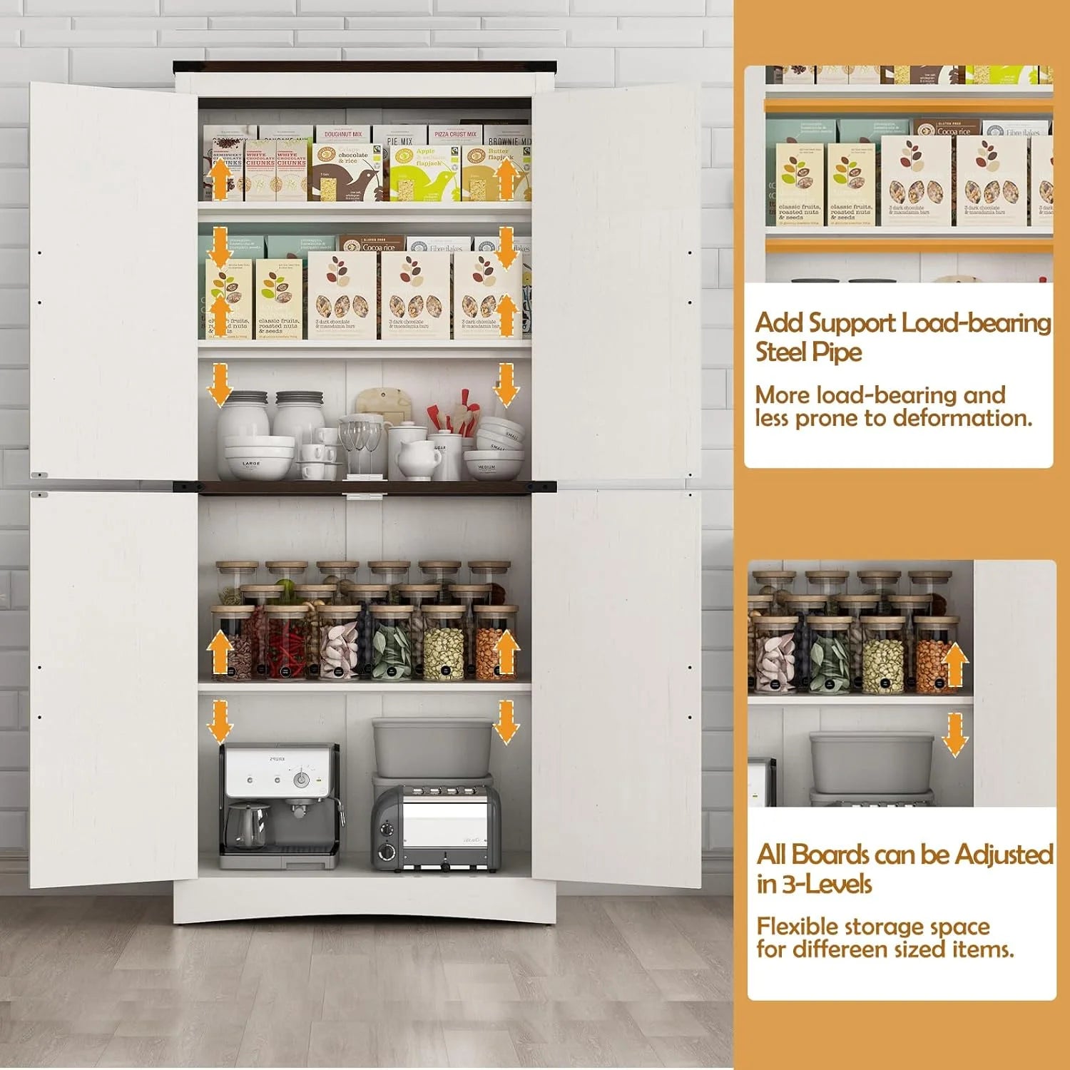 71" Tall Farmhouse Kitchen Pantry Cabinet, 5 Layers Storage Cabinet with Adjustable Shelves, Farmhouse Pantry Cabinet with 4 Barn Doors