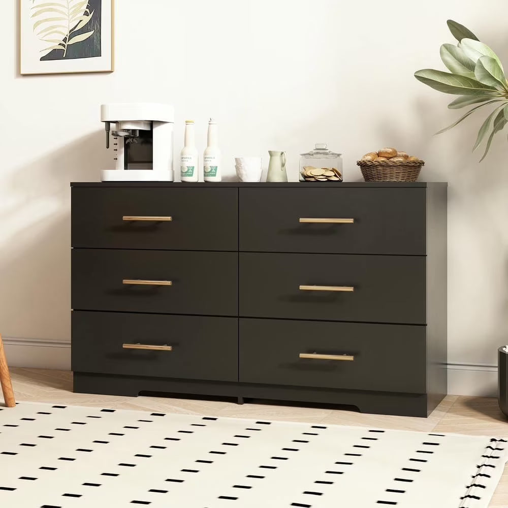 Kadyn Modern 6 Drawer Dresser Wood Cabinet, Dresser for Bedroom, Kitchen Storage Cabinet with Drawers, Chest of Drawers(Black)