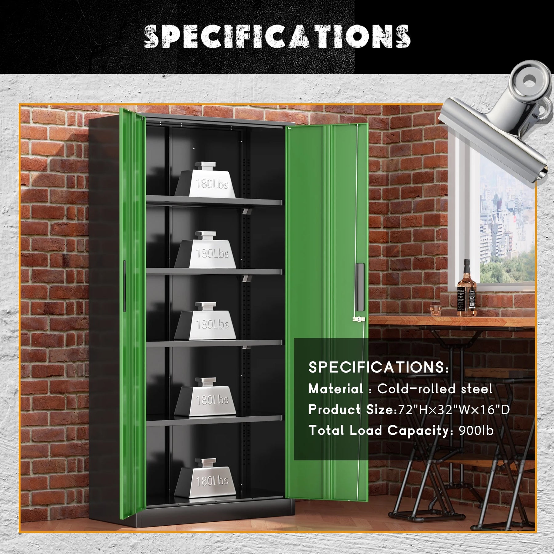 SOLAURA 71" Metal Garage Storage Cabinet with Locking Doors and Adjustable Shelves for Home, Office(Black)