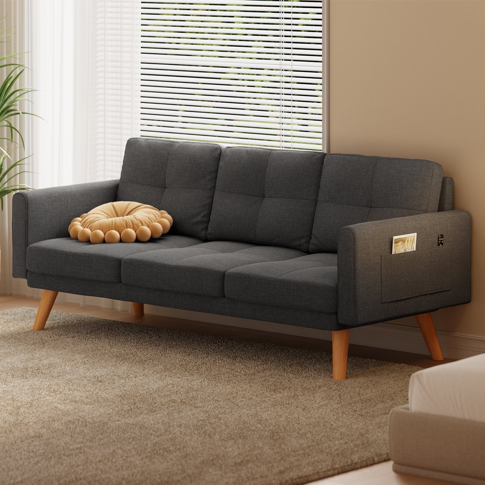 Bedroom Furniture Set Includes Queen Bed Frame, 4 Drawer Dresser Set of 2 & 3 Seat Futon Sofa Modern Storage Solution for Stylish Home Decor
