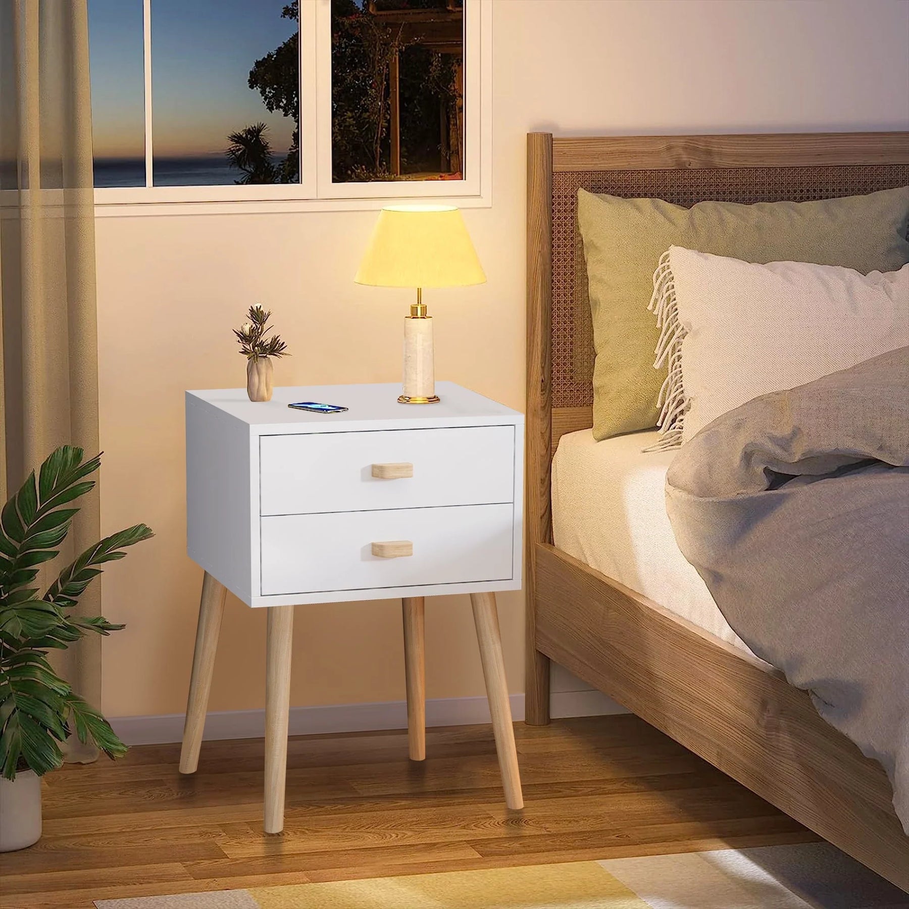 Syngar Nightstand Set of 2, Modern Bedside Tables with 2 Drawers, Storage Shelf and Wood Handles, White Bedroom Furniture