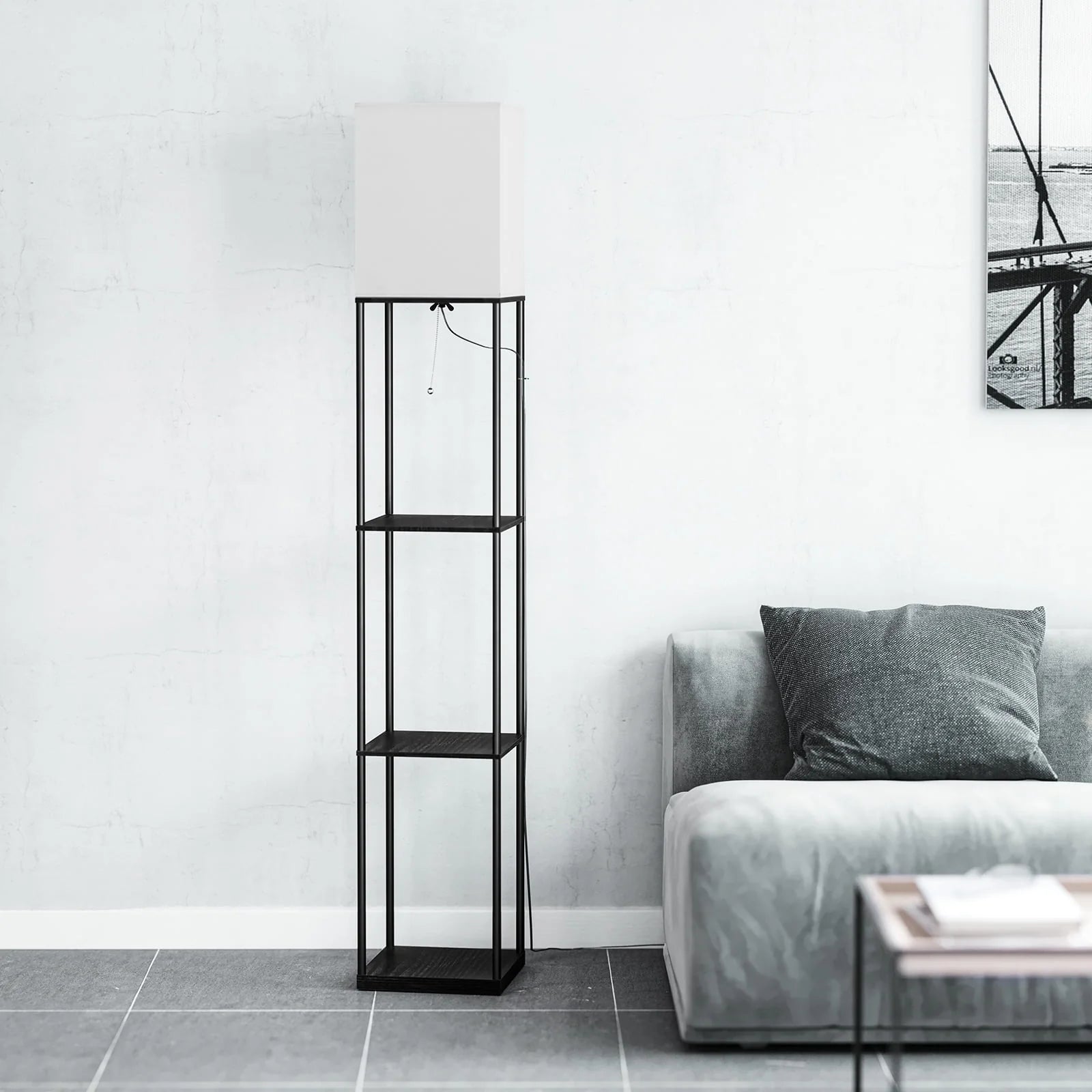Modern Iron Shelf Floor Lamp with 3 Way Dimmable LED Bulb, Shelves and White Shade for Living Room and Bedroom(Black)
