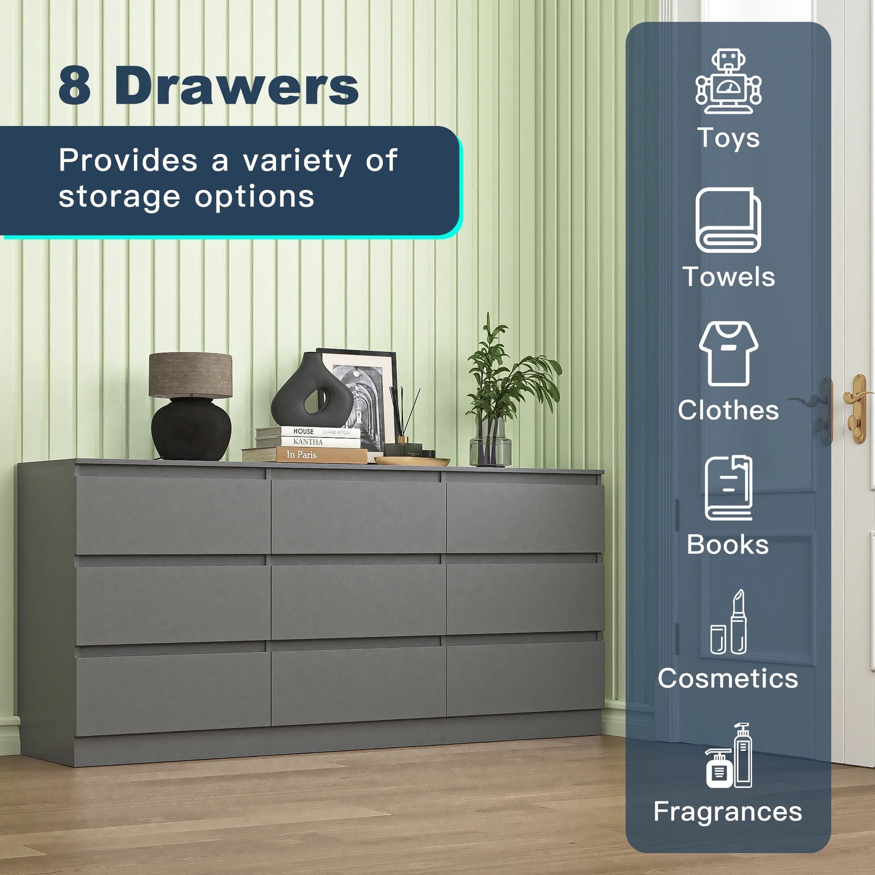 Kadyn Modern 6 Drawer Dresser Wood Cabinet, Dresser for Bedroom, Kitchen Storage Cabinet with Drawers, Chest of Drawers(Black)