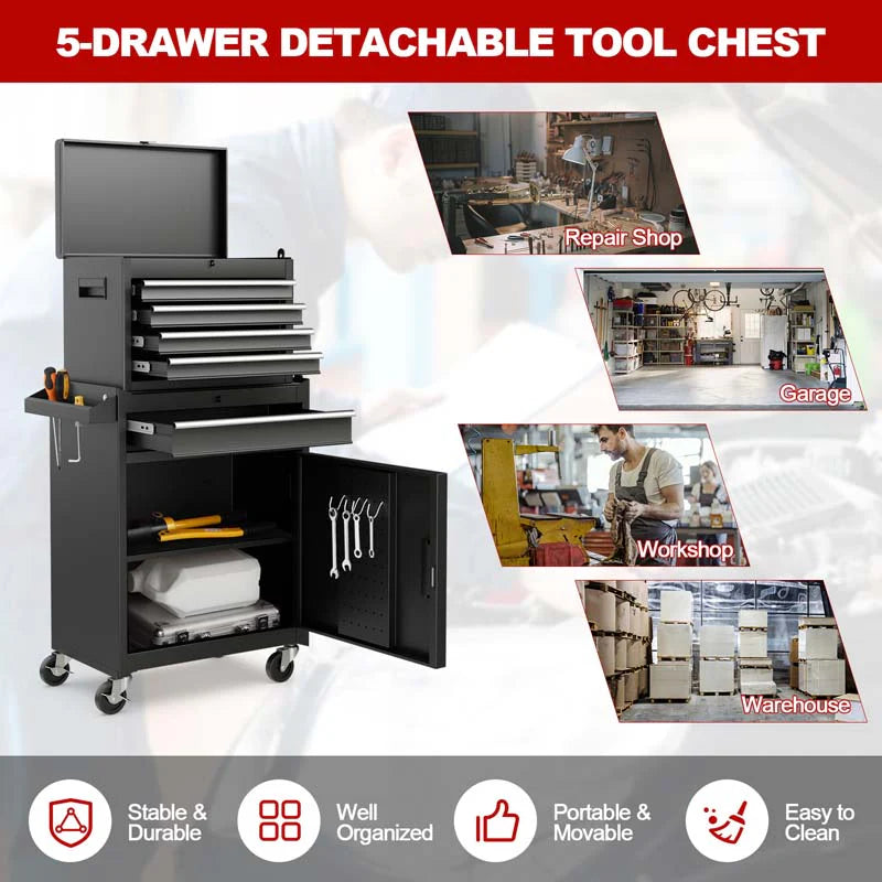 2 - in - 1 Rolling Tool Chest, 5-Drawer Tool Storage Cabinet with Wheels, Adjustable Shelf, Tool Box Organizer for Garage Warehouse Workshop