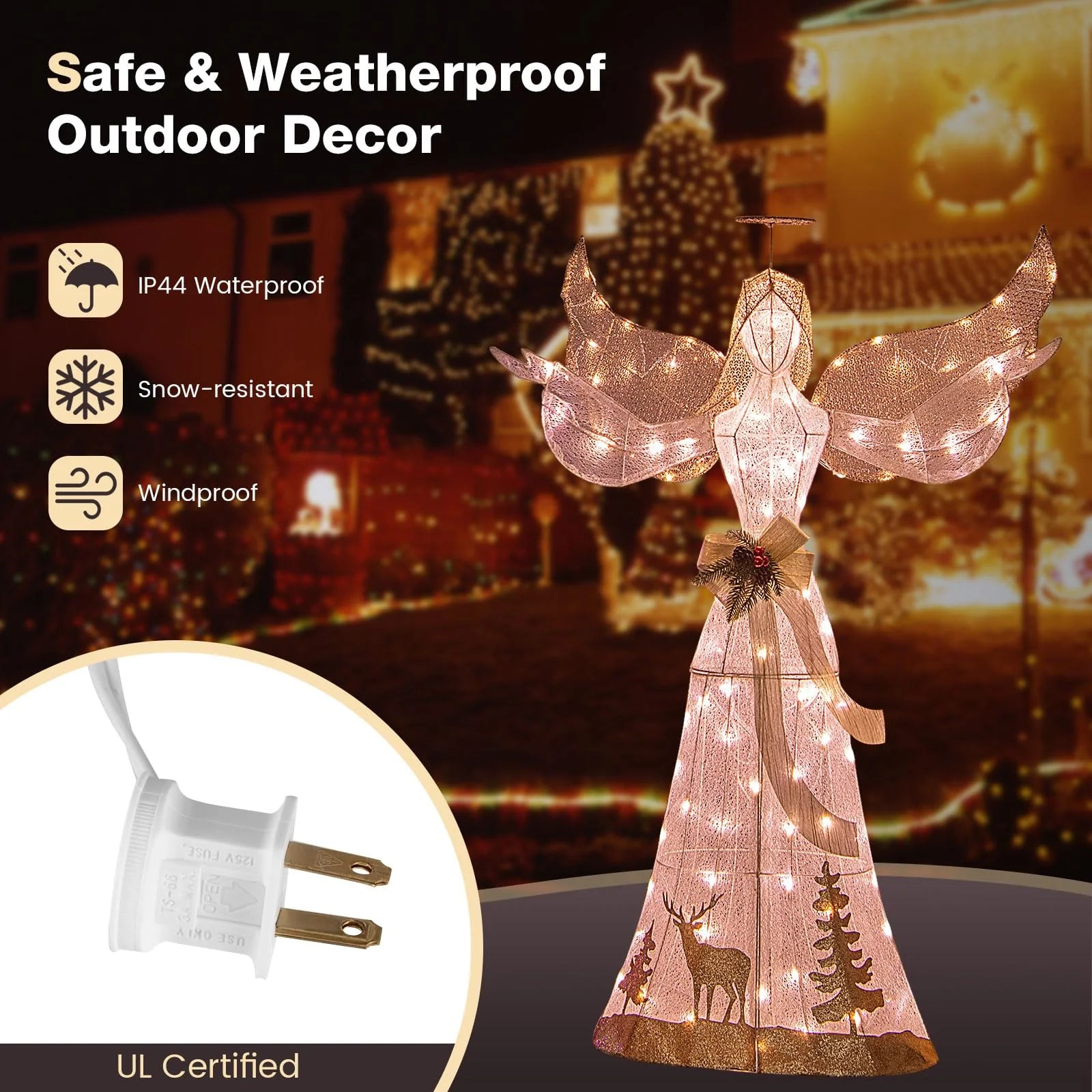 Tangkula 5 FT Lighted Christmas Angel, Outdoor Pre - lit 3D Glittered Angel with 100 Warm White Lights