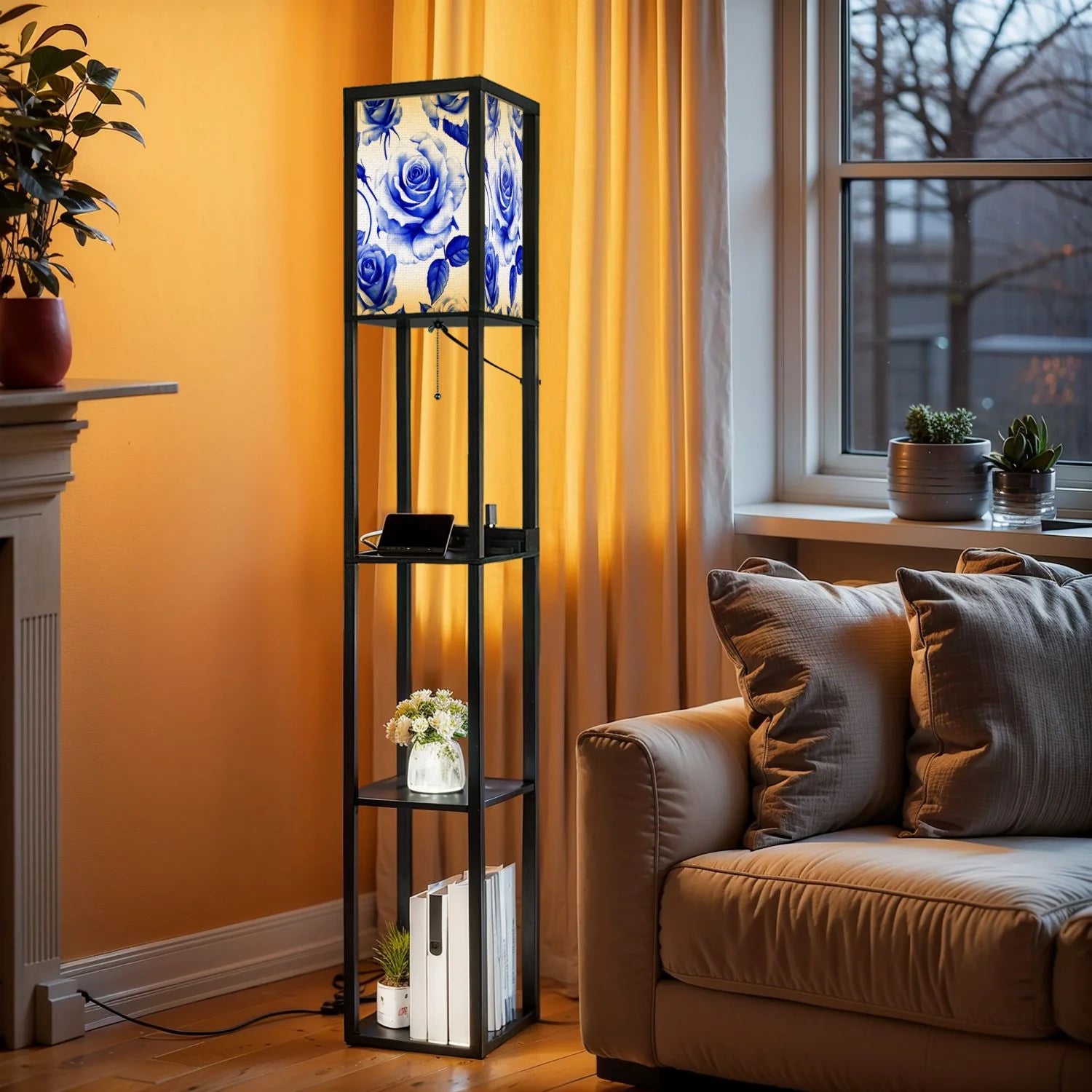 Floor Lamp with Shelves, Modern Dimmable Standing Lamp Floral Corner Display Bookshelf Lamp with 2 USB & 1 Power Outlet for Living Room & Bedroom