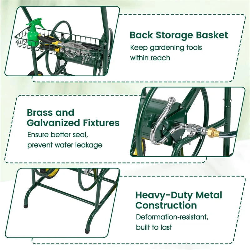 Garden Hose Reel Cart Holds 230FT of 5/8" Hose, Heavy - Duty Hose Cart with 2 Wheels & Storage Basket, Portable Water Hose Organizer for Yard