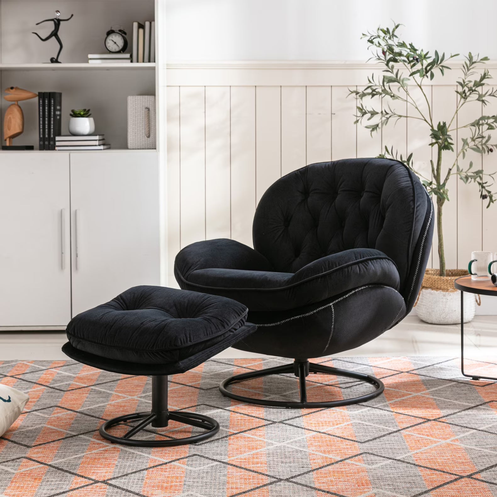 Velvet Swivel Accent Chair with Ottoman, Modern Chaise Lounge Chair with Metal Frame and Footstool, Comfy Armchair Reading Chair