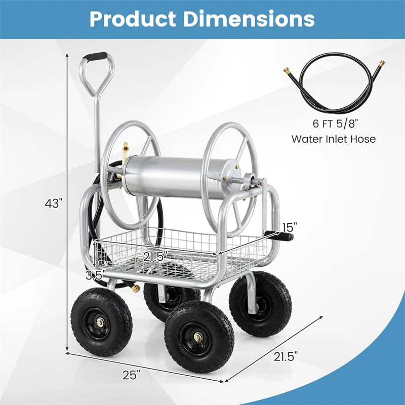 Portable Garden Hose Reel Cart Holds 300FT of 5/8" Large Capacity, Heavy - Duty Metal Hose Cart with 4 Wheels & Storage Basket for Lawn Yard