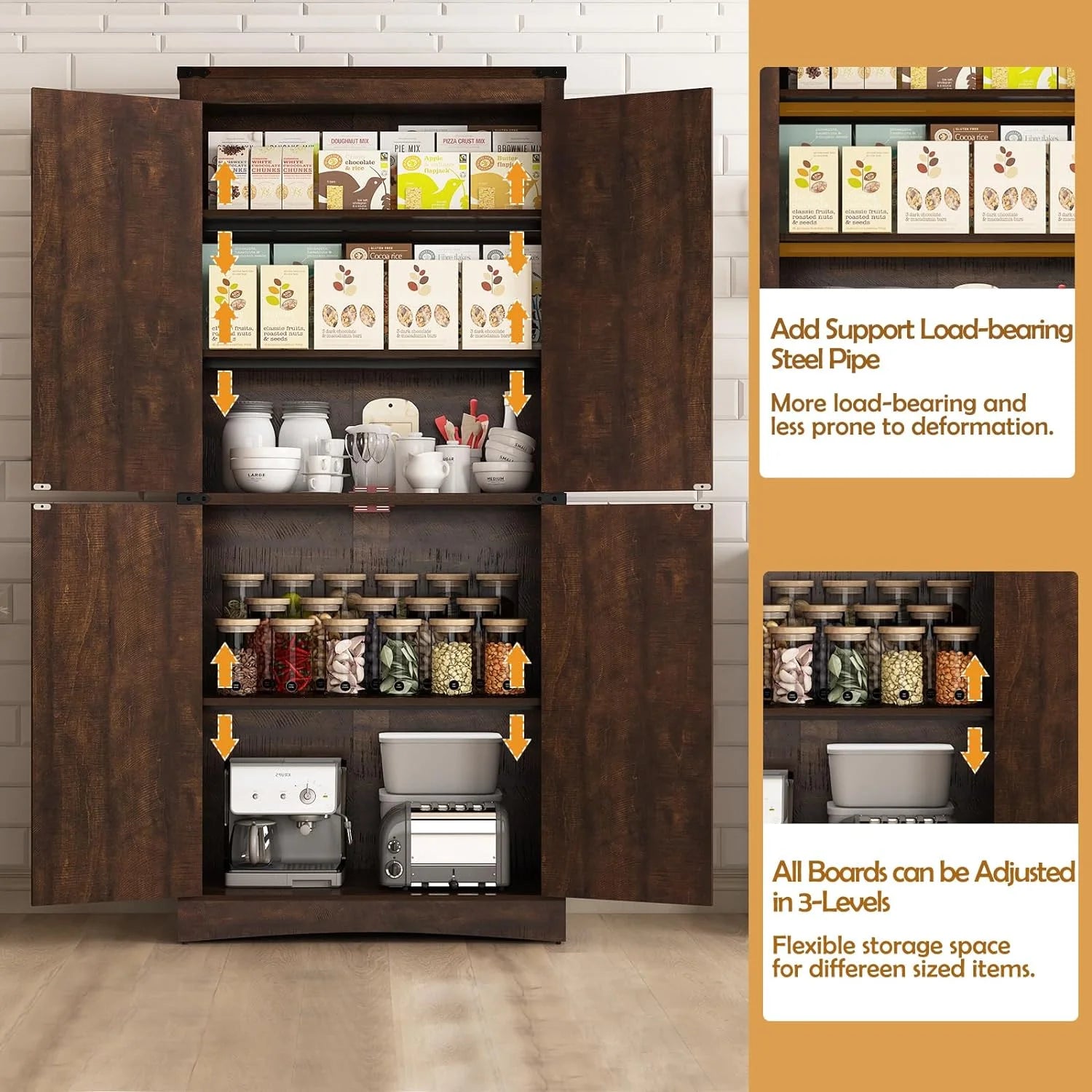 71" Tall Farmhouse Kitchen Pantry Cabinet, 5 Layers Storage Cabinet with Adjustable Shelves, Farmhouse Pantry Cabinet with 4 Barn Doors