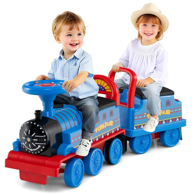 6V 2 - Seater Ride On Train with Detachable Carriage, Under - Seat Storage, Whistle & Flashing LED Lights, Trackless Electric Ride On Toy for Kids
