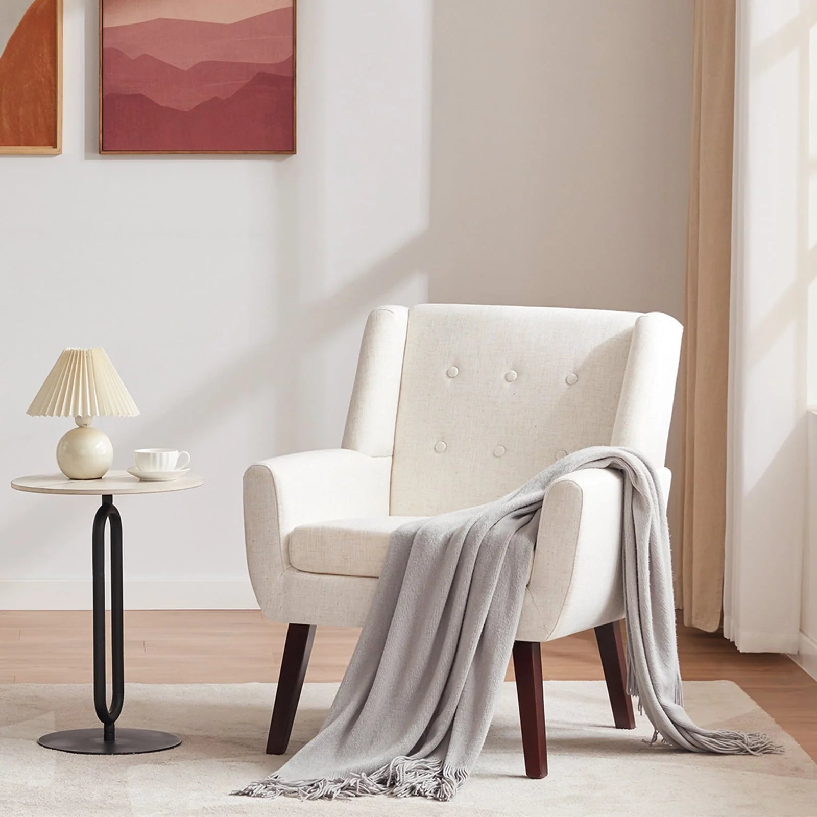 HUIMO Accent Chair, Button Tufted Upholstered Living Room Chairs, Mid Century Modern Comfy Reading Chairs for Bedroom, Living Room, Beige