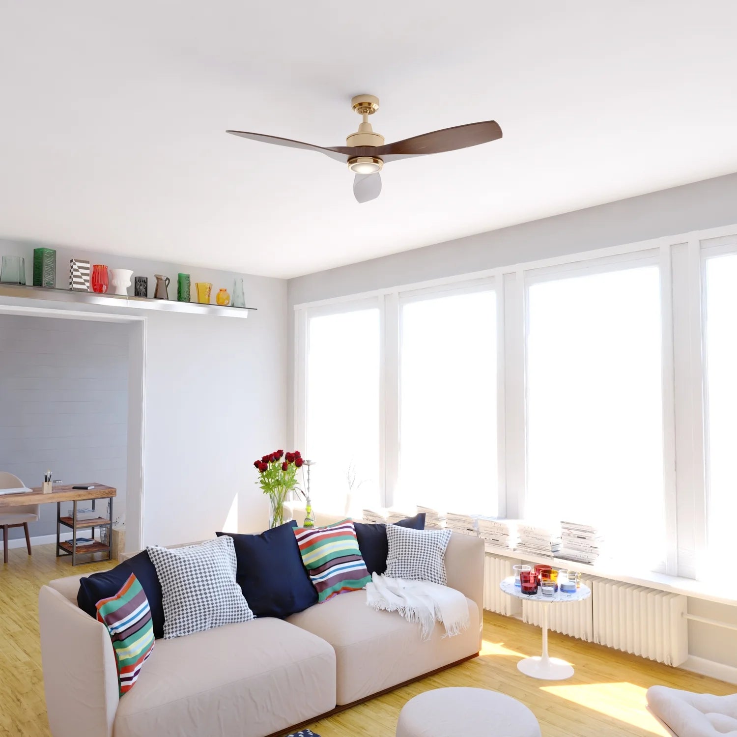 Vaxcel Curtiss Satin Brass Mid - Century Modern MCM Wood Propeller Ceiling Fan with LED Light Kit and Remote