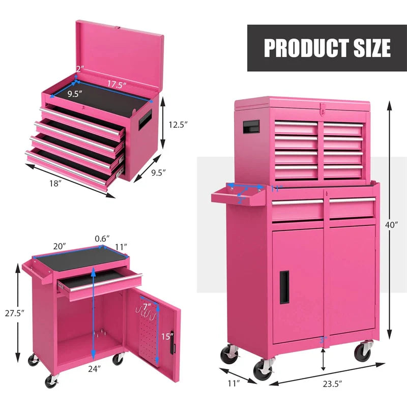 2 - in - 1 Rolling Tool Chest, 5-Drawer Tool Storage Cabinet with Wheels, Adjustable Shelf, Tool Box Organizer for Garage Warehouse Workshop