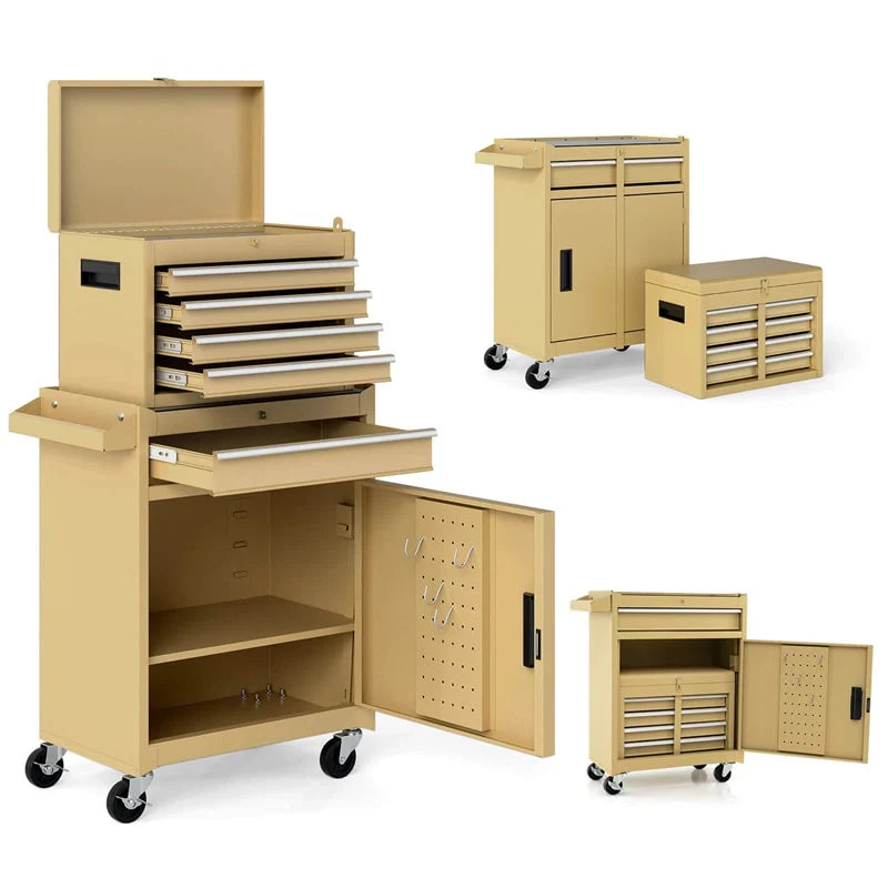 2 - in - 1 Rolling Tool Chest, 5-Drawer Tool Storage Cabinet with Wheels, Adjustable Shelf, Tool Box Organizer for Garage Warehouse Workshop