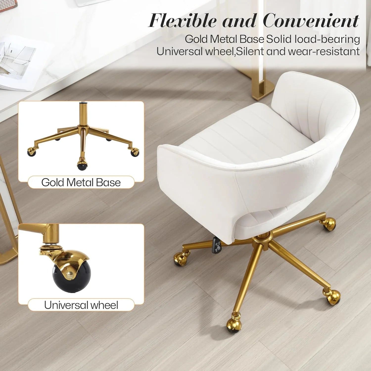 Home Office Swivel Desk Chair, Modern Velvet Vanity Chair, Height Adjustable Armchair with Gold Base, Ergonomic Office Chair for Task Study Computer Room, Beige