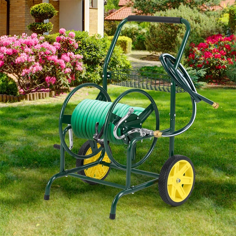Garden Hose Reel Cart Holds 230FT of 5/8" Hose, Heavy - Duty Hose Cart with 2 Wheels & Storage Basket, Portable Water Hose Organizer for Yard