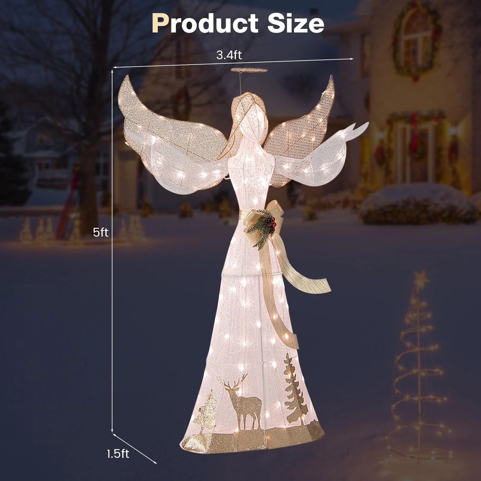 Tangkula 5 FT Lighted Christmas Angel, Outdoor Pre - lit 3D Glittered Angel with 100 Warm White Lights