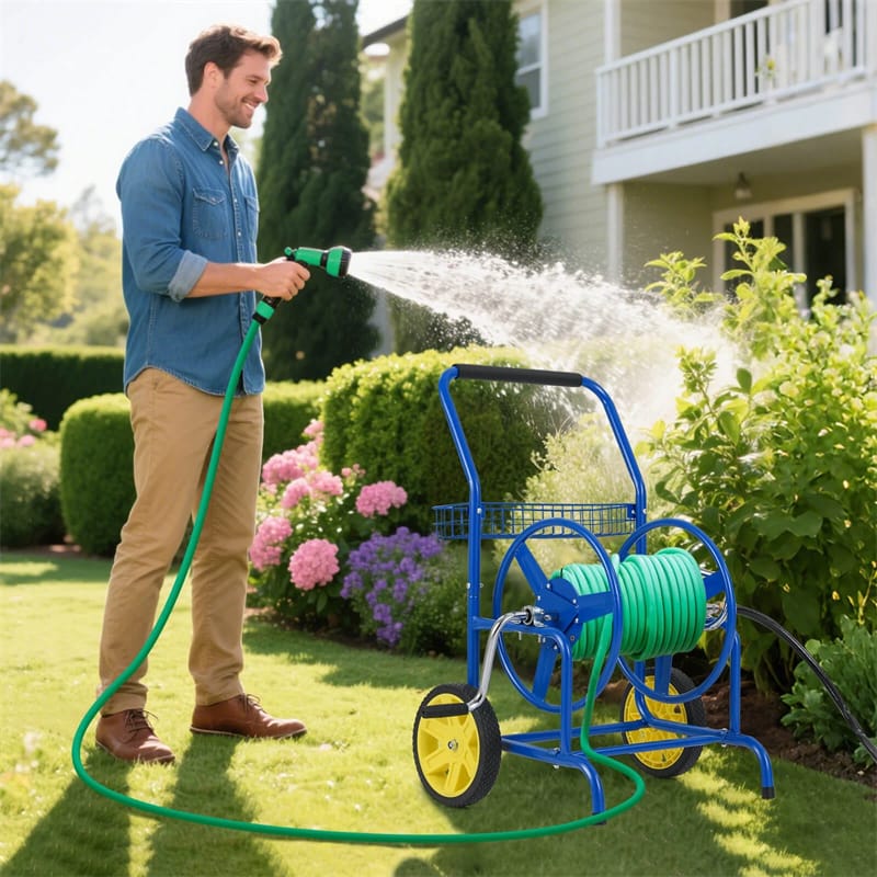 Garden Hose Reel Cart Holds 230FT of 5/8" Hose, Heavy - Duty Hose Cart with 2 Wheels & Storage Basket, Portable Water Hose Organizer for Yard