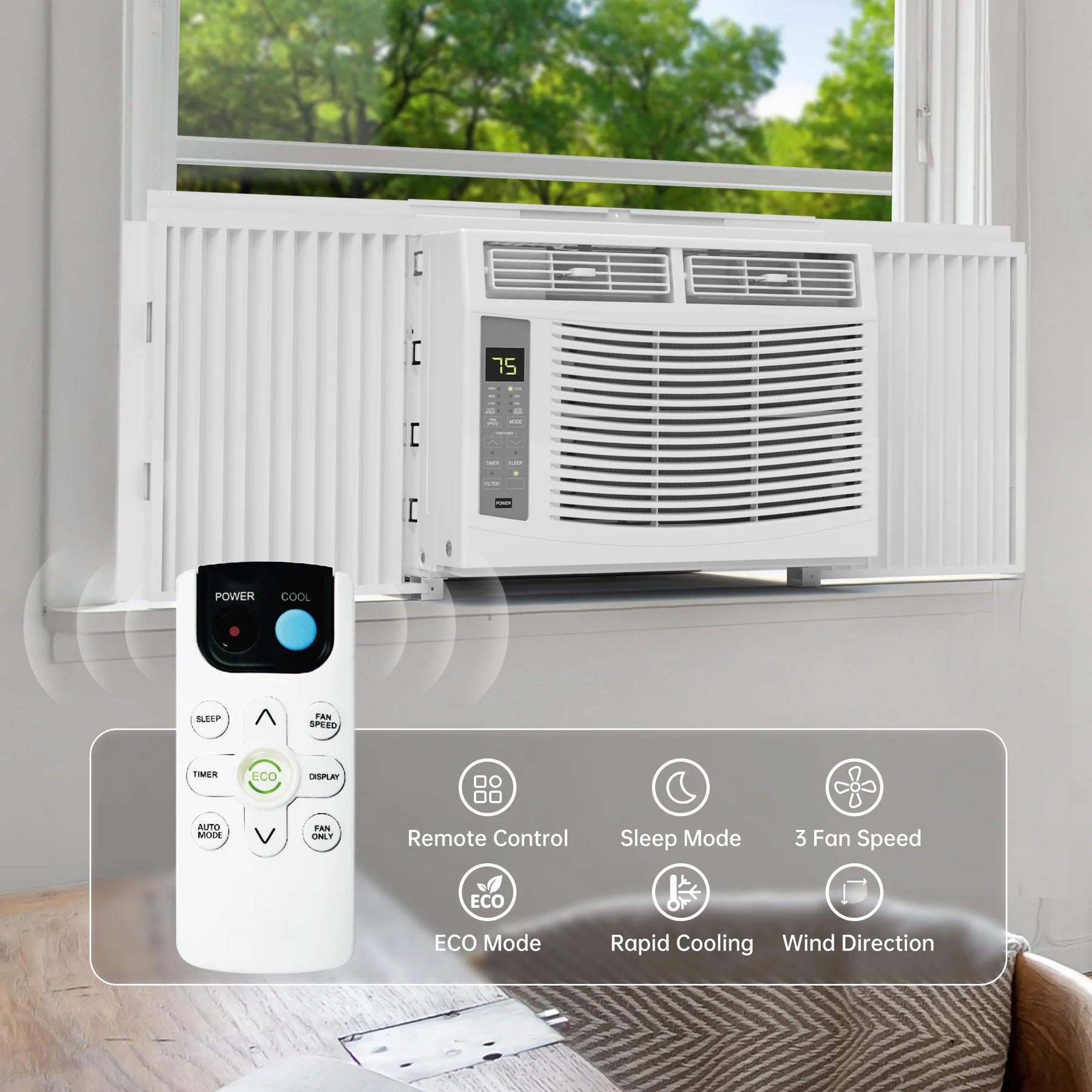 Window Air Conditioner 6000 BTU Cool to 250 Sq Ft Intelligent, LED, Remote Control, Easy to Clean Filter Screen, Can Be Used As a Dehumidifier/Fan