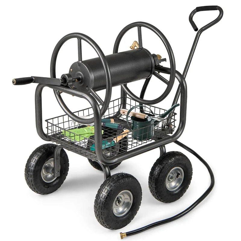 Portable Garden Hose Reel Cart Holds 300FT of 5/8" Large Capacity, Heavy - Duty Metal Hose Cart with 4 Wheels & Storage Basket for Lawn Yard