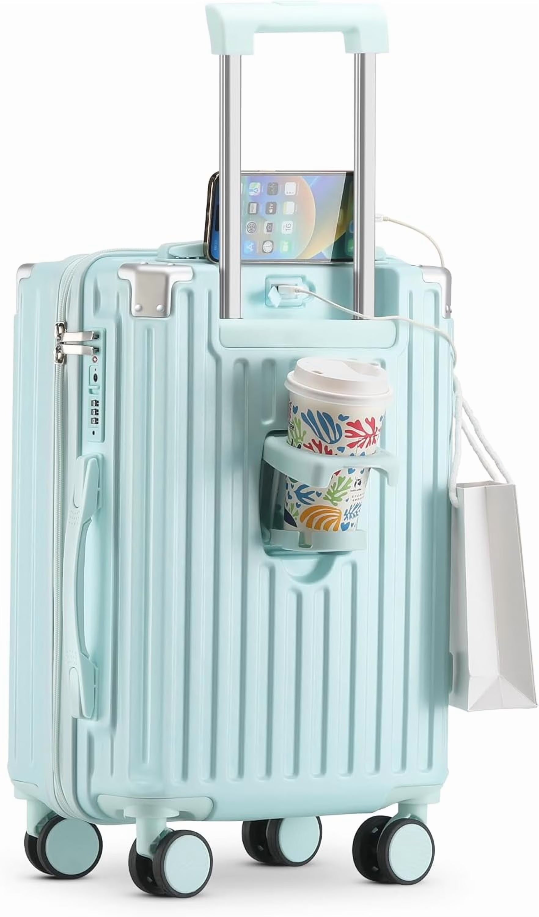 20 in Carry on Luggage with Cup Holder & USB Port, Airline Approved TSA - Locked Luggage, Lightweight PC Material Travel Suitcase