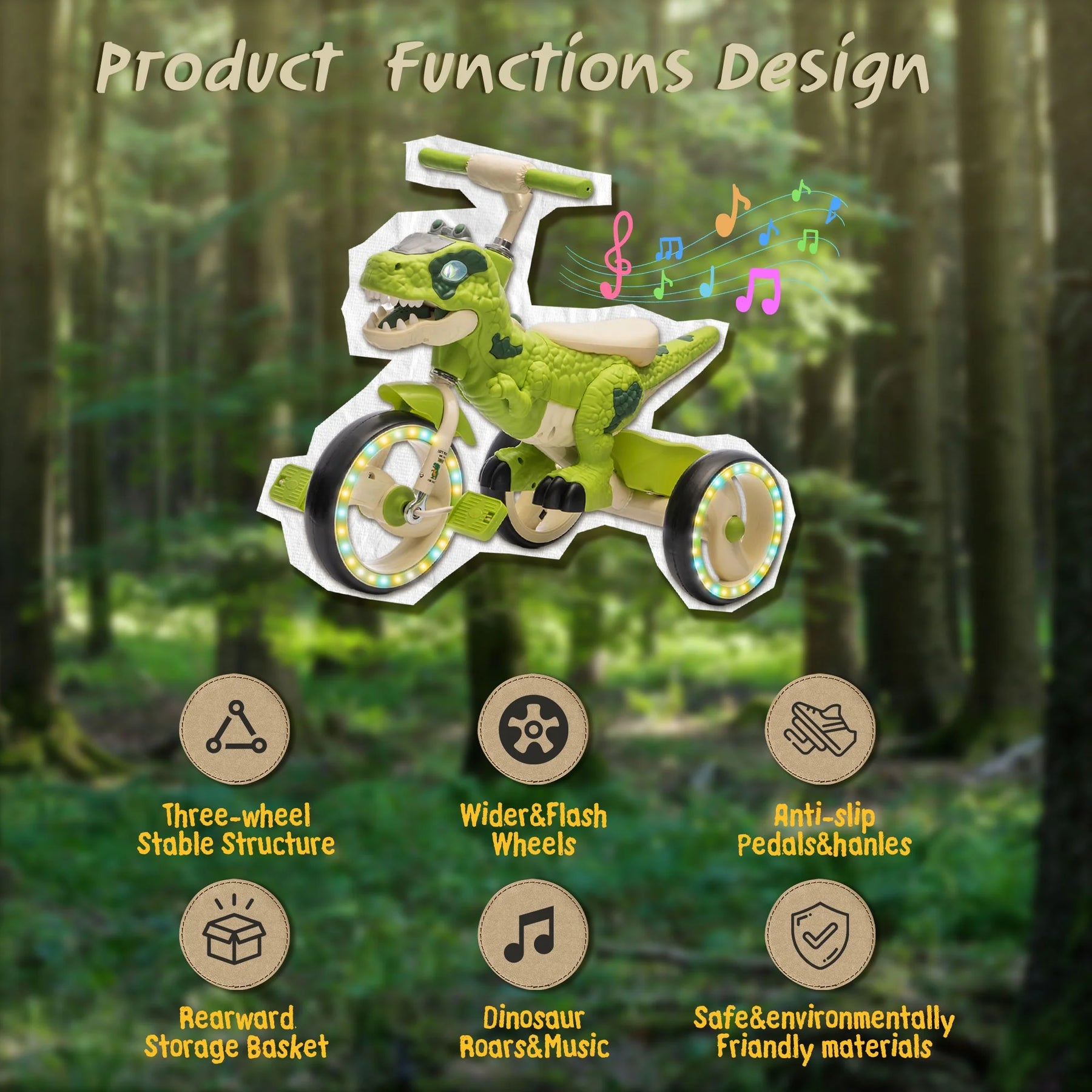 Xuanlur Kids Ride on Dinosaur Tricycle, Toddlers Kid Trike with Wide Flash Wheels, Anti - Slip Pedals, Rear Basket, Music & LED Lights, Toddler Bike