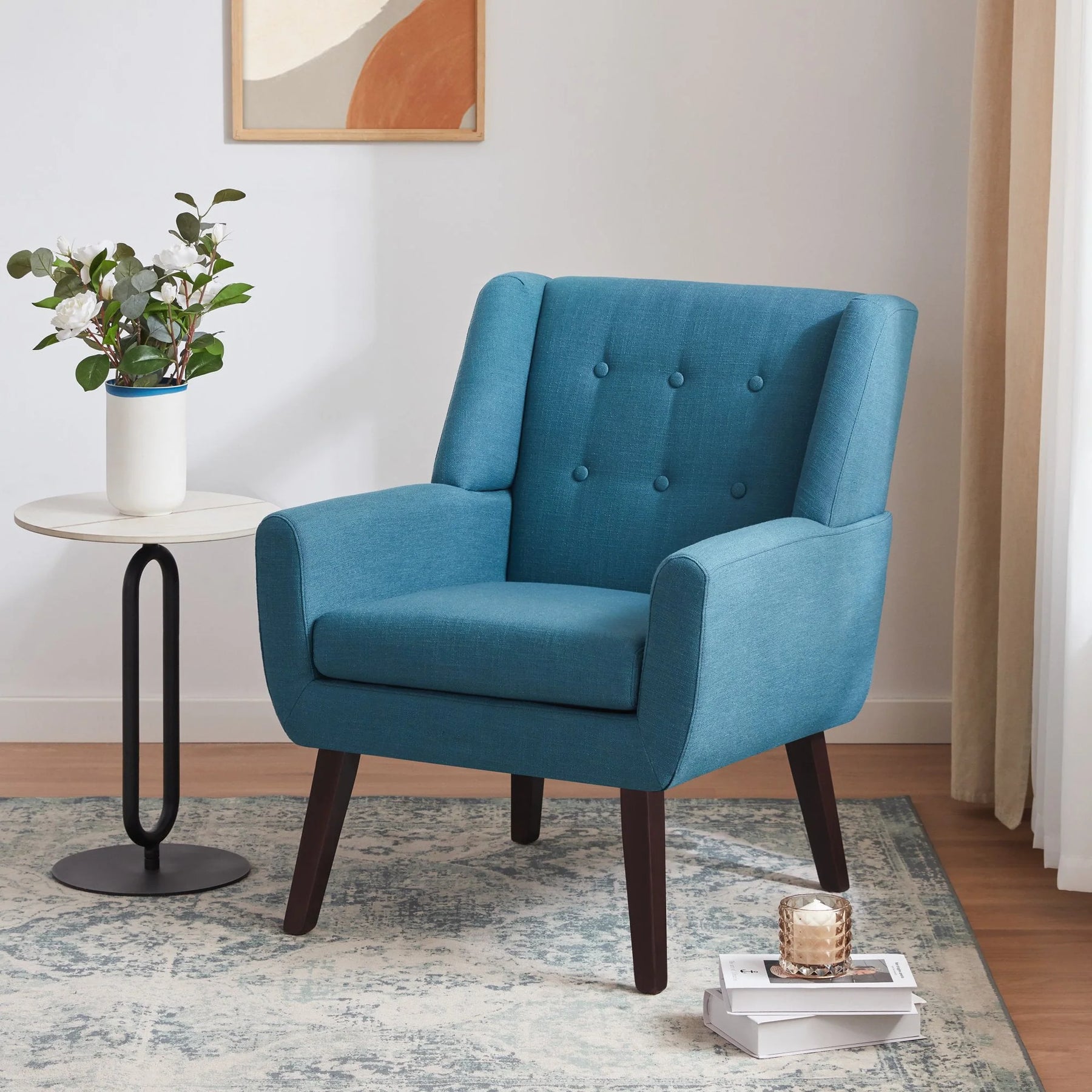 HUIMO Accent Chair, Button Tufted Upholstered Living Room Chairs, Mid Century Modern Comfy Reading Chairs for Bedroom, Living Room, Beige