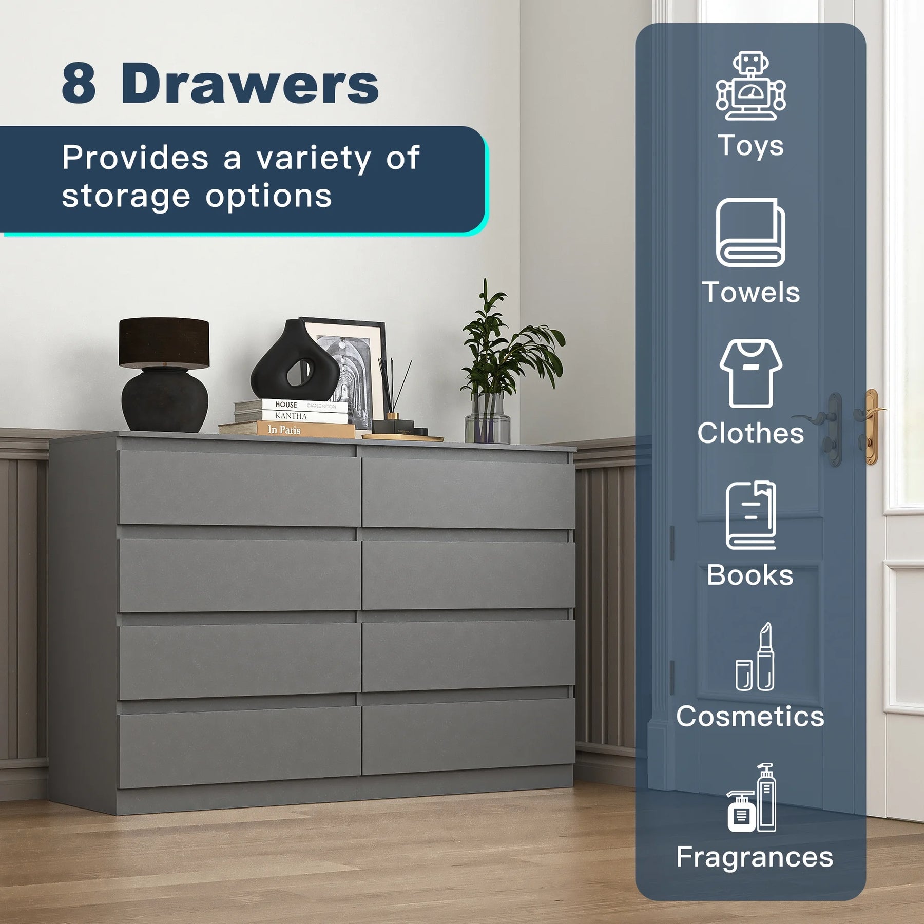 Kadyn Modern 6 Drawer Dresser Wood Cabinet, Dresser for Bedroom, Kitchen Storage Cabinet with Drawers, Chest of Drawers(Black)