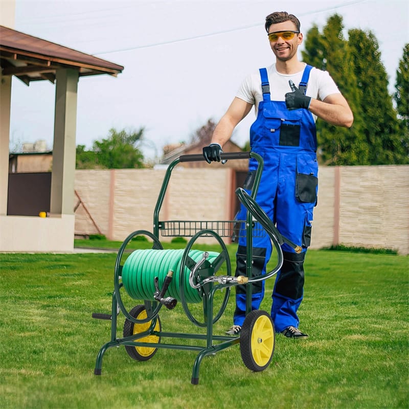 Garden Hose Reel Cart Holds 230FT of 5/8" Hose, Heavy - Duty Hose Cart with 2 Wheels & Storage Basket, Portable Water Hose Organizer for Yard