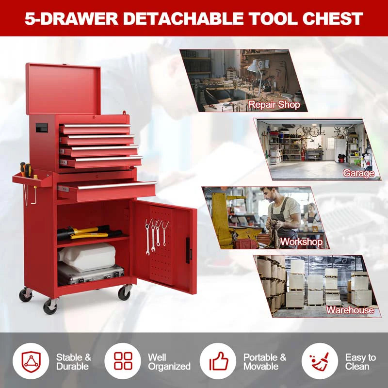 2 - in - 1 Rolling Tool Chest, 5-Drawer Tool Storage Cabinet with Wheels, Adjustable Shelf, Tool Box Organizer for Garage Warehouse Workshop