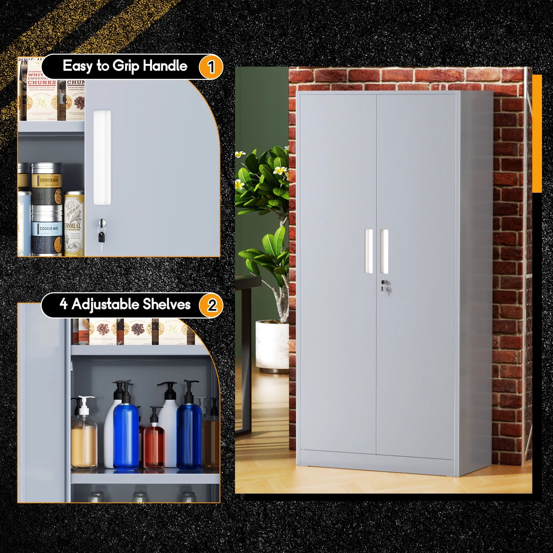 SOLAURA 71" Metal Garage Storage Cabinet with Locking Doors and Adjustable Shelves for Home, Office(Black)