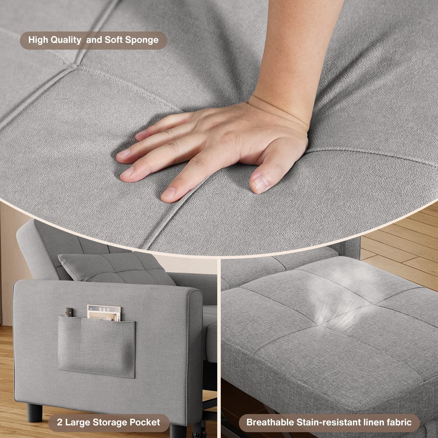 Lofka Chair Bed, Convertible Sofa Bed Couch Recliner Single Bed for Living Room/Office/Bedroom, Light Gray