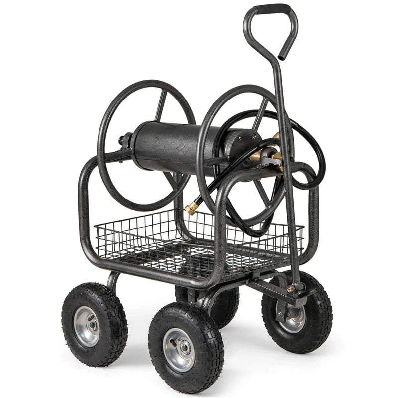 Portable Garden Hose Reel Cart Holds 300FT of 5/8" Large Capacity, Heavy - Duty Metal Hose Cart with 4 Wheels & Storage Basket for Lawn Yard