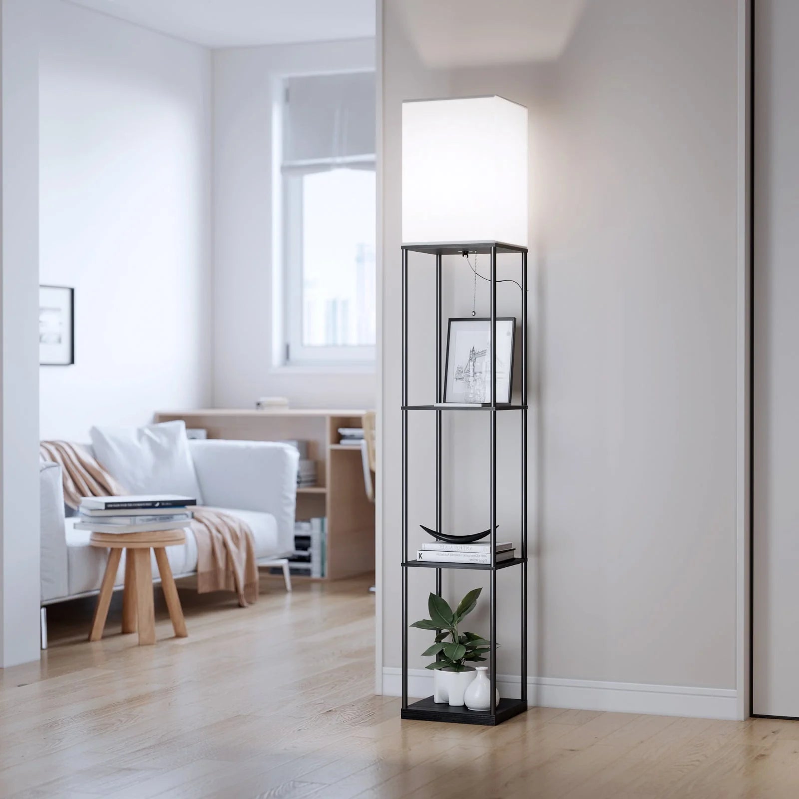 Modern Iron Shelf Floor Lamp with 3 Way Dimmable LED Bulb, Shelves and White Shade for Living Room and Bedroom(Black)