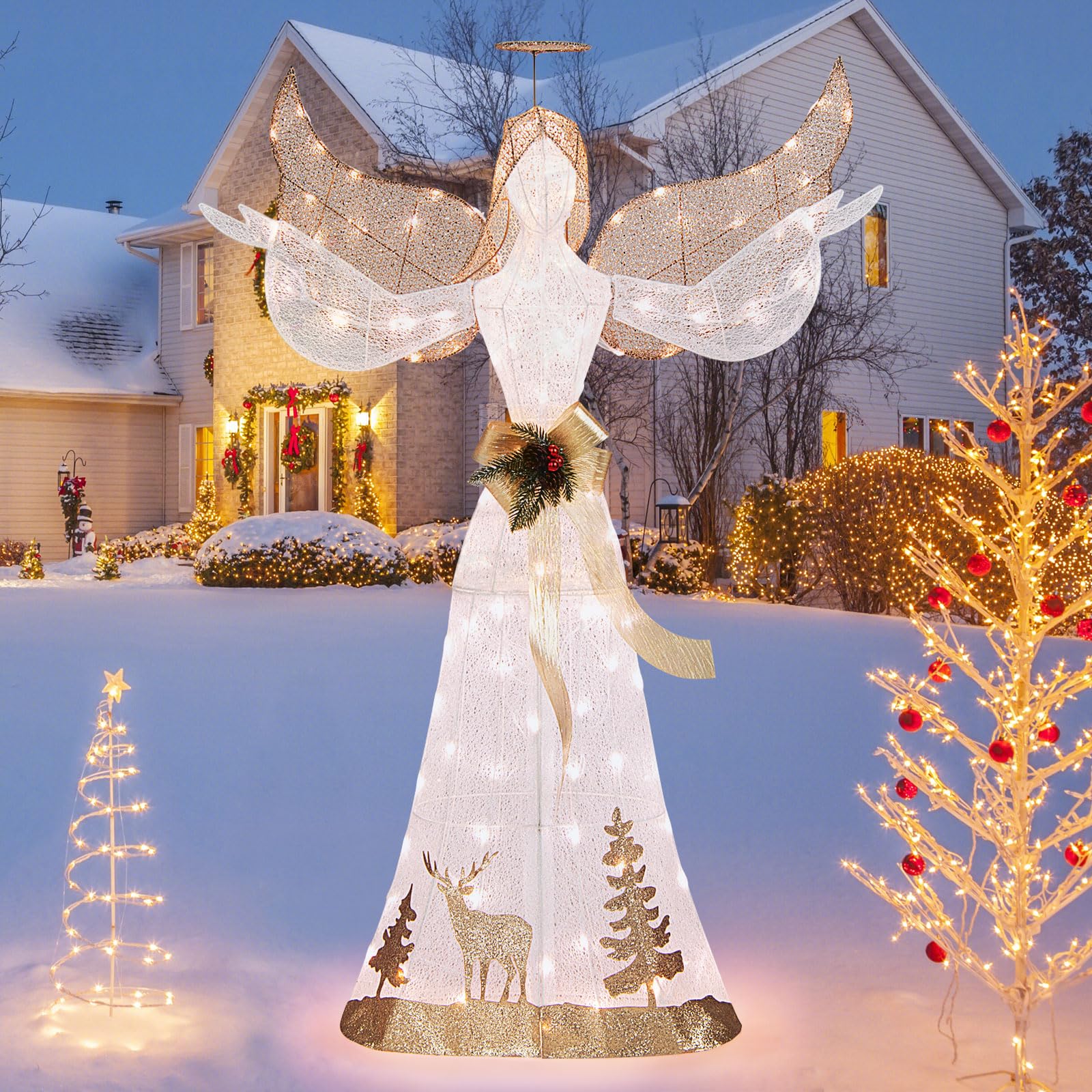 Tangkula 5 FT Lighted Christmas Angel, Outdoor Pre - lit 3D Glittered Angel with 100 Warm White Lights