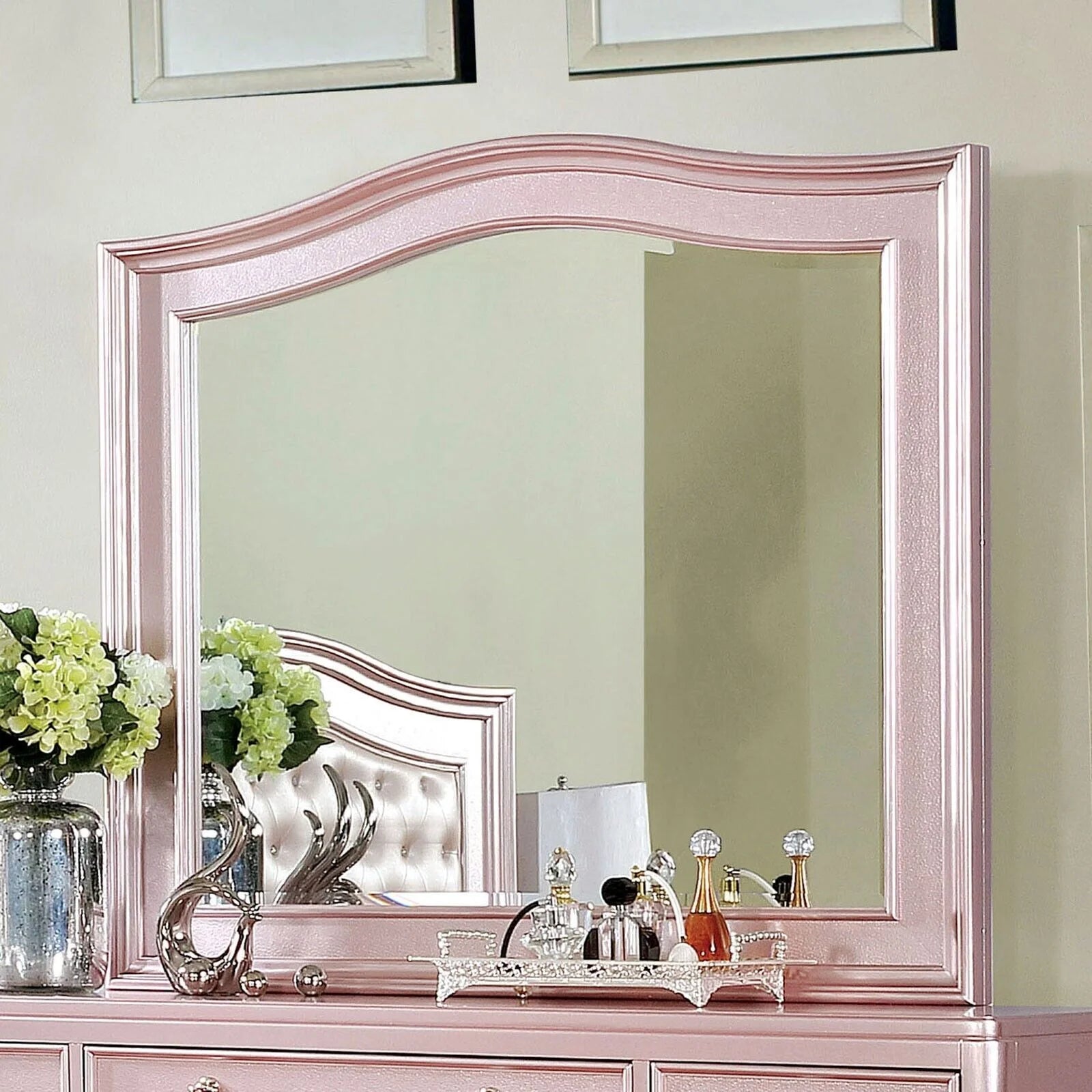 Contemporary Rosé Gold Twin Size Bed 6pc Set Dresser Mirror Nightstand Chest Padded HB Tufted Bedroom Furniture Solid Wood