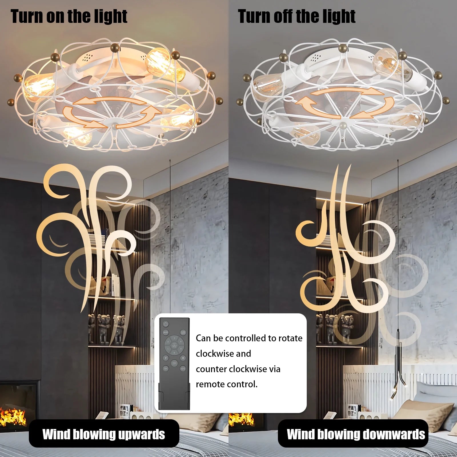 Industrial Cage Ceiling Fan - Low - Profile 7 - Blade Fan with Remote & Light - Modern Rustic Cooling for Small Spaces