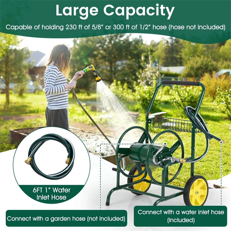 Garden Hose Reel Cart Holds 230FT of 5/8" Hose, Heavy - Duty Hose Cart with 2 Wheels & Storage Basket, Portable Water Hose Organizer for Yard