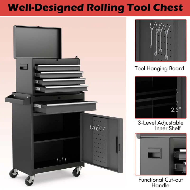 2 - in - 1 Rolling Tool Chest, 5-Drawer Tool Storage Cabinet with Wheels, Adjustable Shelf, Tool Box Organizer for Garage Warehouse Workshop