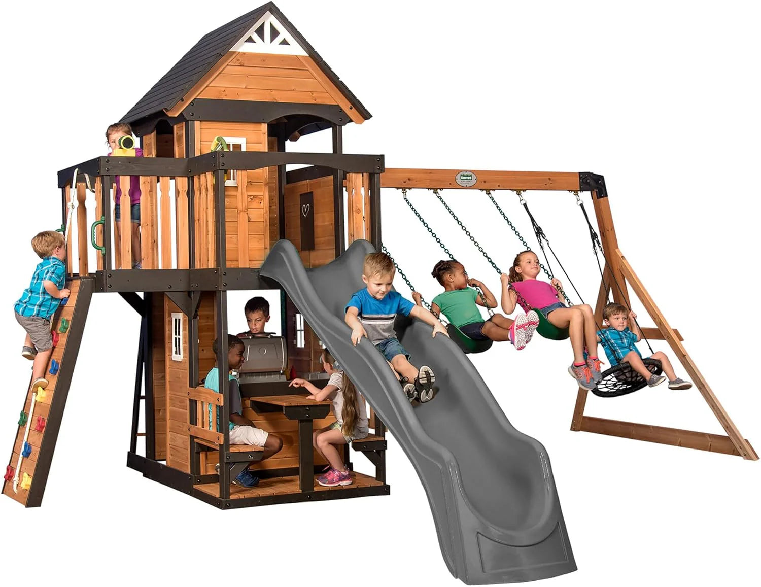 Backyard Discovery Canyon Creek Cedar Wood Swing Set with Wave Slide, Clubhouse, Play Kitchen, Picnic Area, Swings and Rock Wall