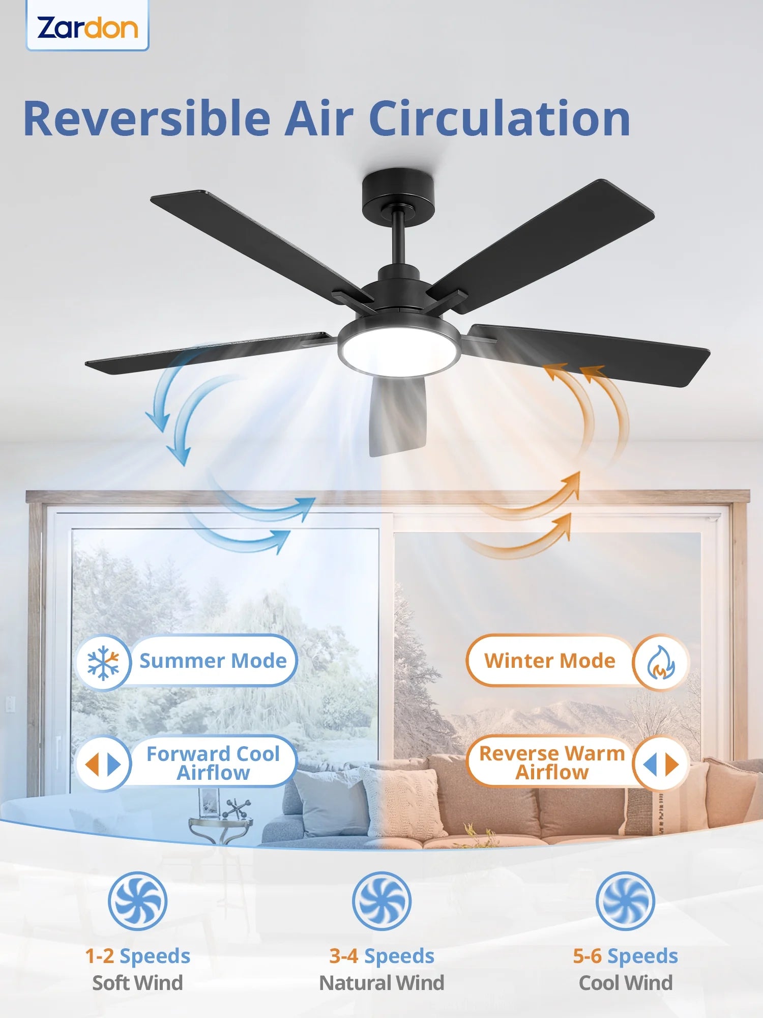 Zardon 52 in Black Ceiling Fan with LED Light and Remote, Downrod 6-Speed and Quiet Reversible DC Motor for Bedroom, Living Room, Indoor