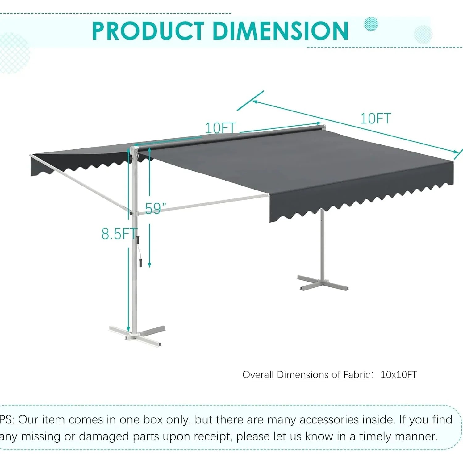 AECOJOY Free Standing Retractable Awning, 10'x10' Dual Side Patio Awnings Outdoor Manual Sun Shade Shelter, Dark Grey