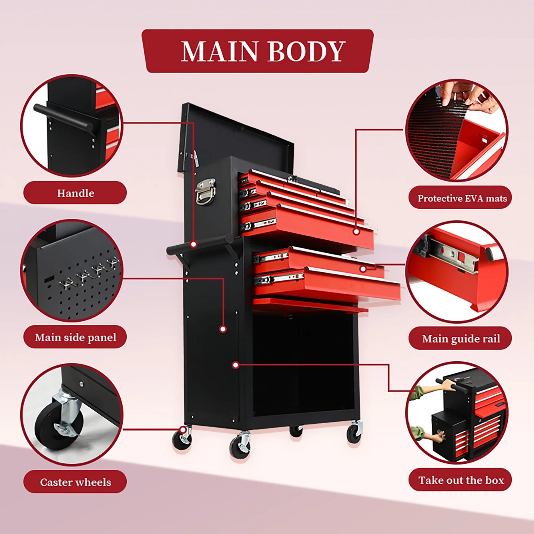 8 Drawer Large Capacity Rolling Toolbox, Detachable Cabinet Storage Tool Chest with Wheels, Tool Storage Cabinet with Lock for Workshop Garage