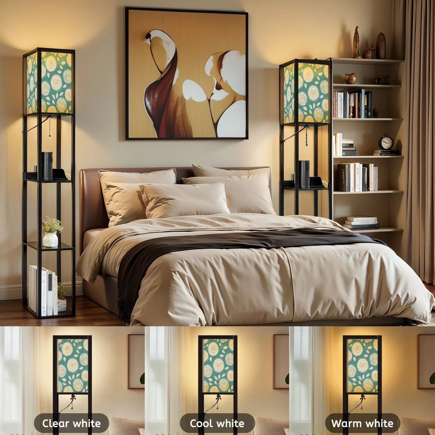 Floor Lamp with Shelves, Modern Dimmable Standing Lamp Floral Corner Display Bookshelf Lamp with 2 USB & 1 Power Outlet for Living Room & Bedroom