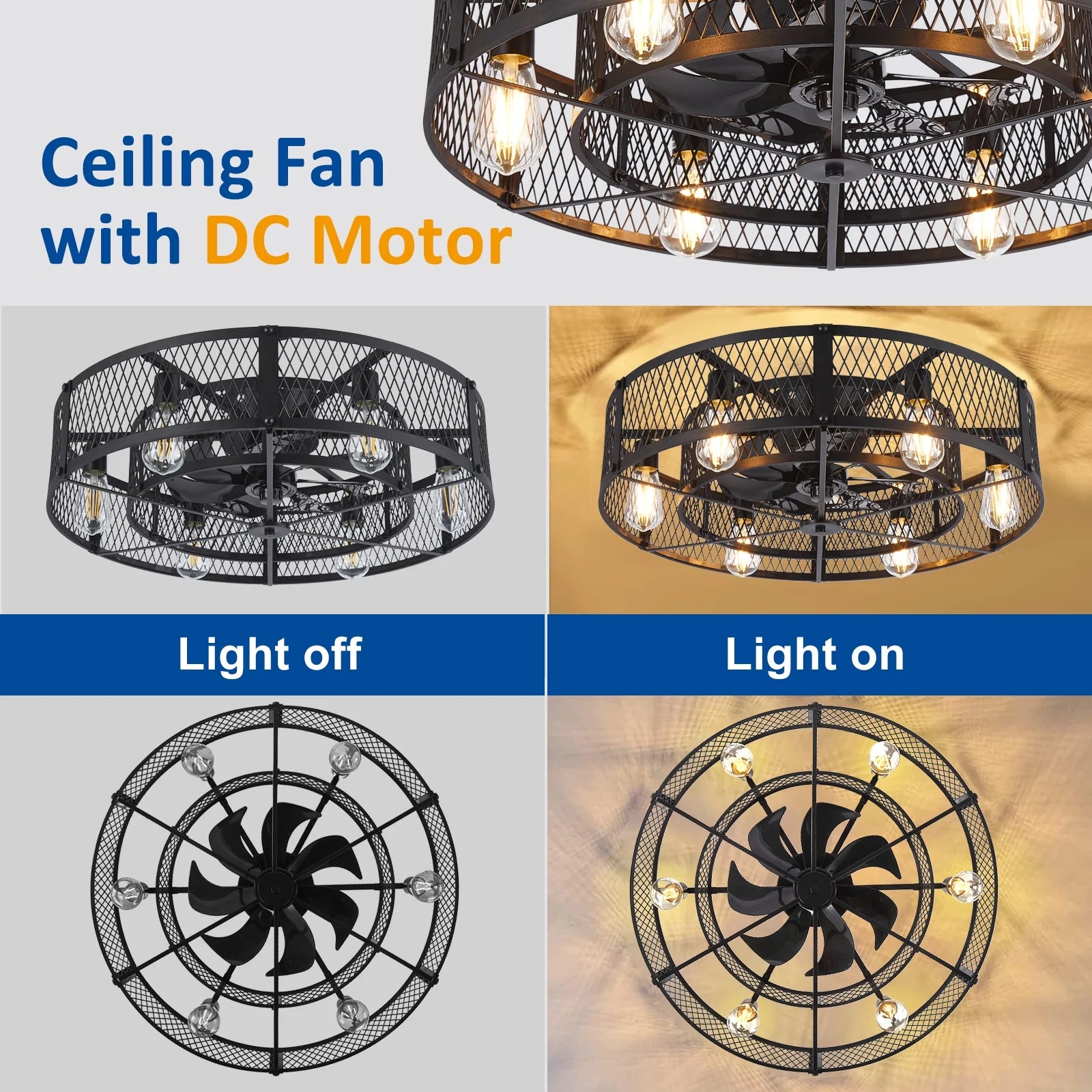 26 - Inch Farmhouse Caged Ceiling Fan with Light, Remote & APP Control Quiet DC Motor E26 Bulbs Included Black