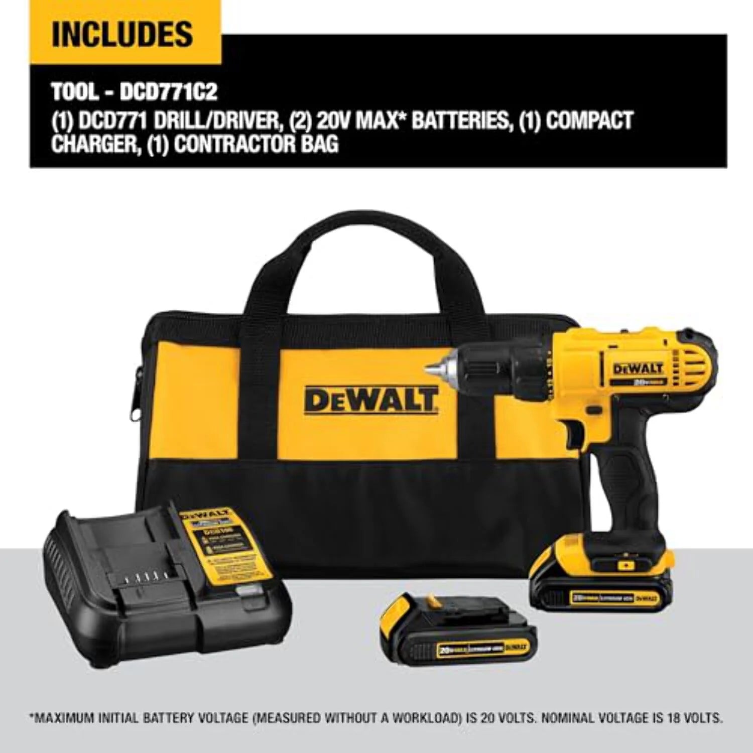 DEWALT 20V Max Cordless Drill/Driver Kit, Compact, 1/2 - Inch (DCD771C2), Yellow