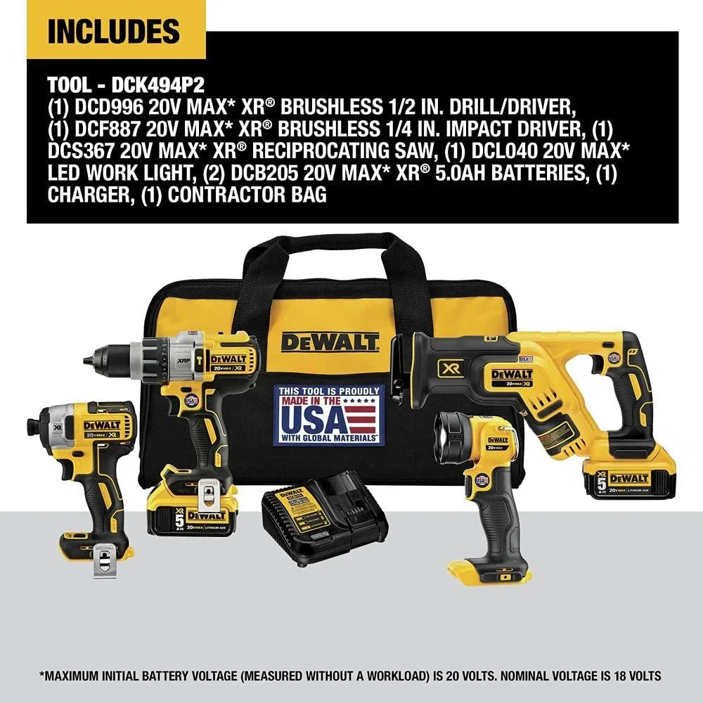 DEWALT 20V MAX XR Cordless Drill Combo Kit, 4 - Tool DCK494P2