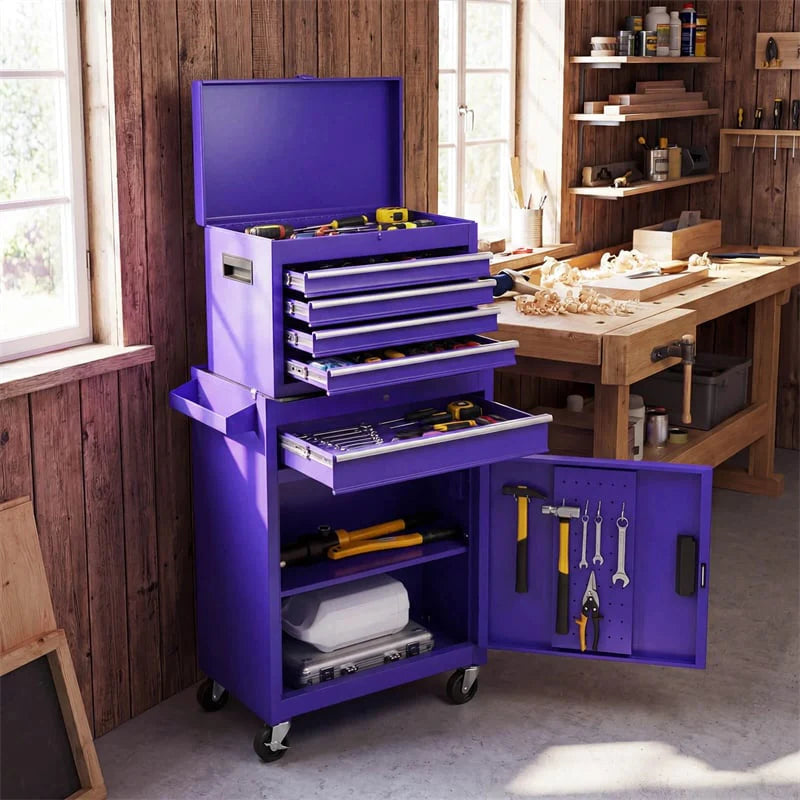 2 - in - 1 Rolling Tool Chest, 5-Drawer Tool Storage Cabinet with Wheels, Adjustable Shelf, Tool Box Organizer for Garage Warehouse Workshop