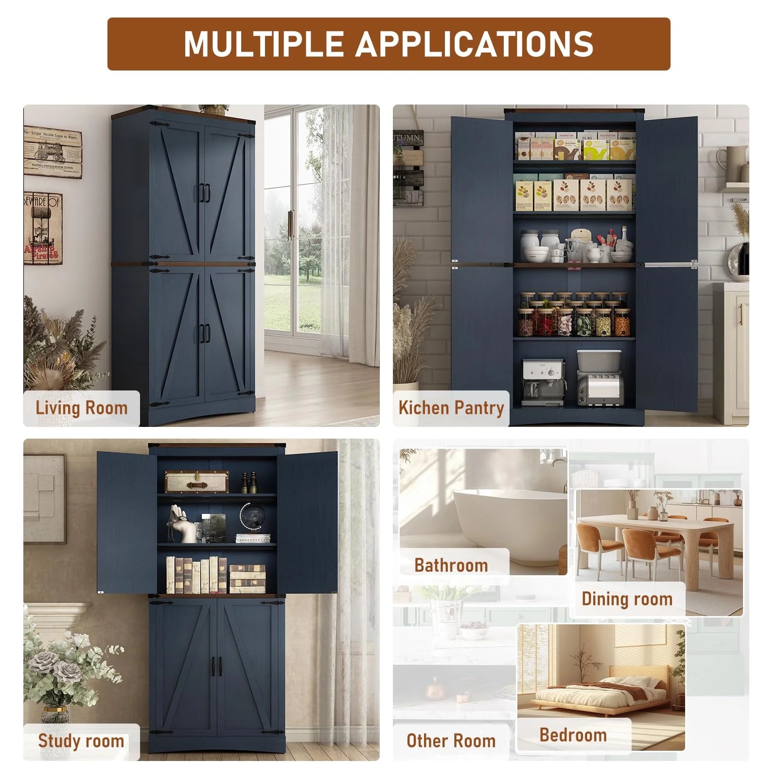 71" Tall Farmhouse Kitchen Pantry Cabinet, 5 Layers Storage Cabinet with Adjustable Shelves, Farmhouse Pantry Cabinet with 4 Barn Doors